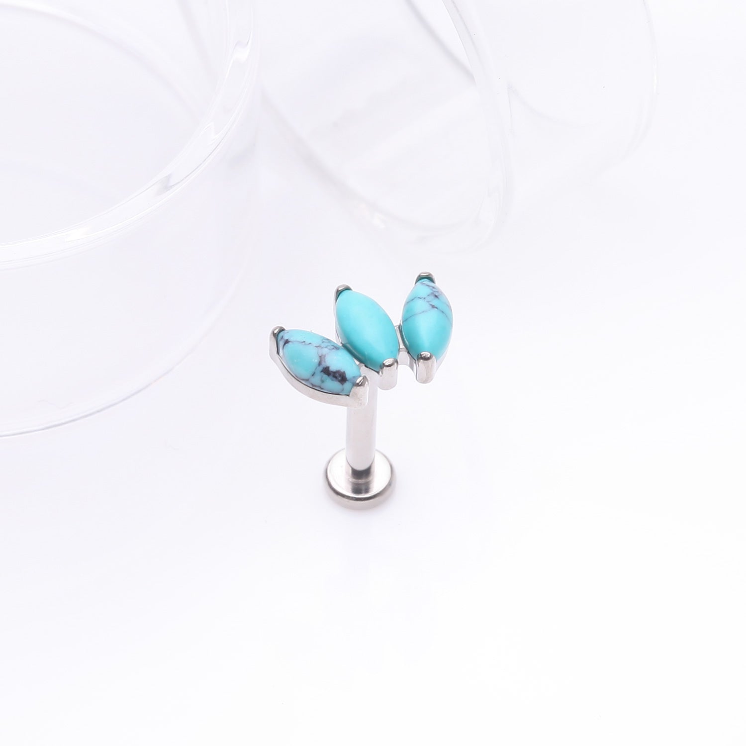 Detail View 1 of Implant Grade Titanium Triple Marquise Turquoise Stone Internally Threaded Labret