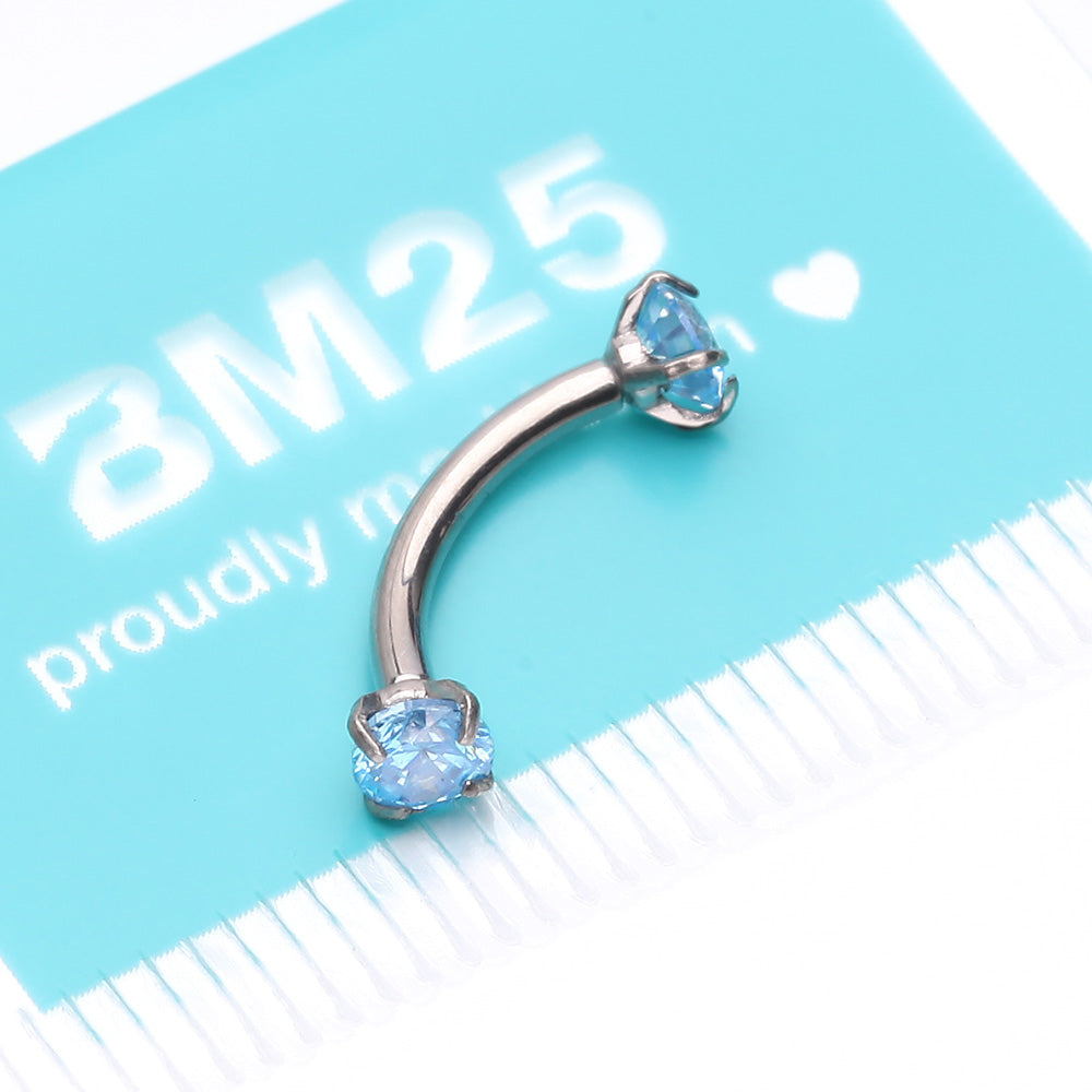 Detail View 3 of Implant Grade Titanium Prong Set Gem Sparkles Internally Threaded Curved Barbell-Aqua