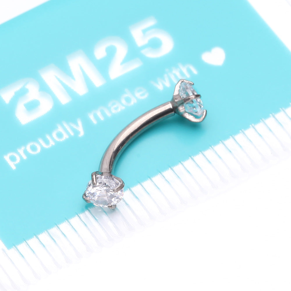 Detail View 3 of Implant Grade Titanium Prong Set Gem Sparkles Internally Threaded Curved Barbell-Clear Gem