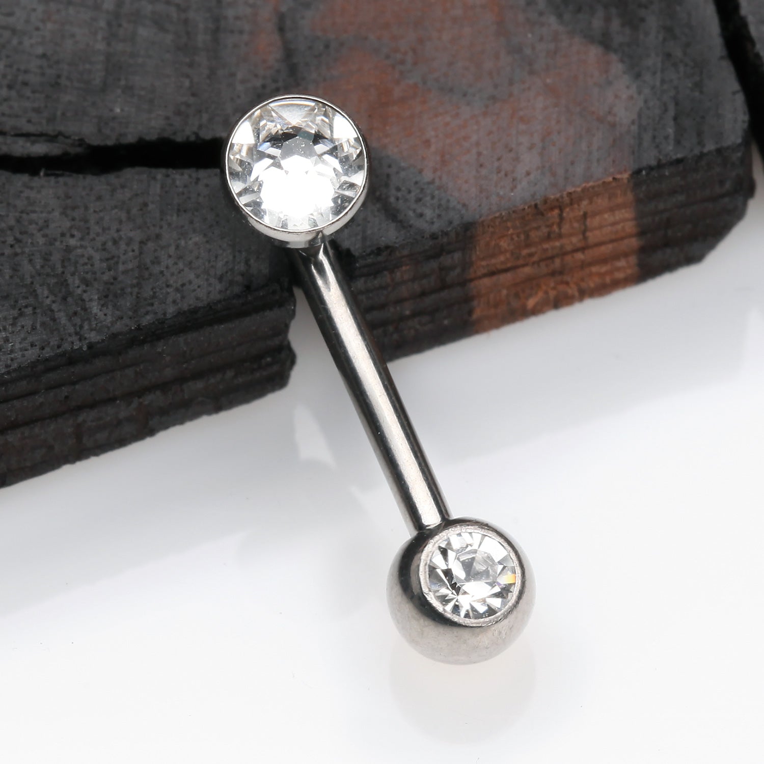 Detail View 1 of Implant Titanium Double Gem Sparkle Internally Threaded VCH Bent Barbell-Clear Gem