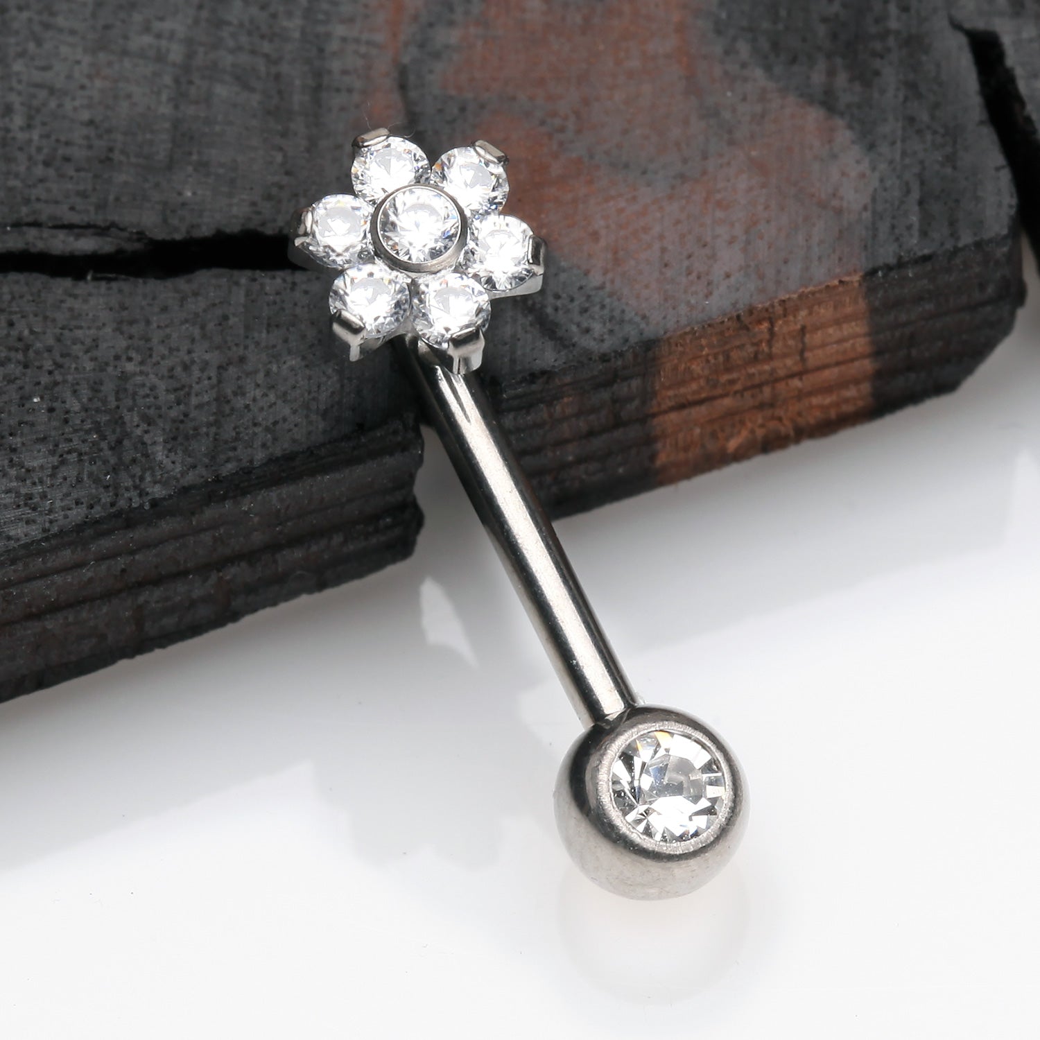 Detail View 1 of Implant Titanium Flower Sparkle Internally Threaded VCH Bent Barbell-Clear Gem