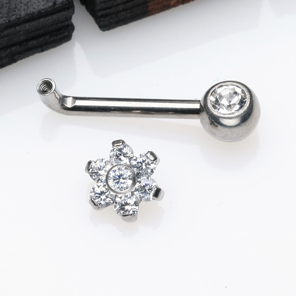 Detail View 2 of Implant Titanium Flower Sparkle Internally Threaded VCH Bent Barbell-Clear Gem