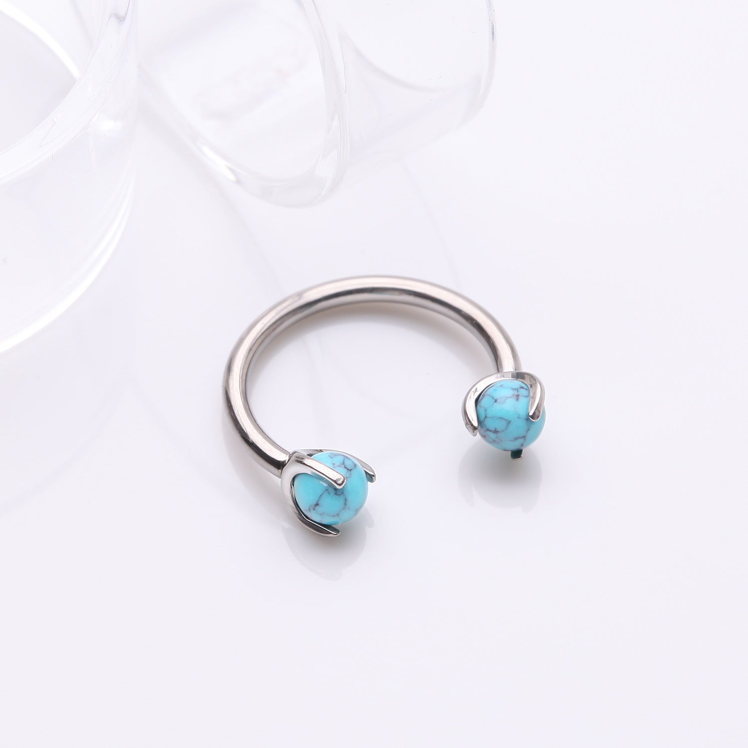 Detail View 1 of Implant Grade Titanium Turquoise Stone Ball Claw Prong Internally Threaded Horseshoe Barbell