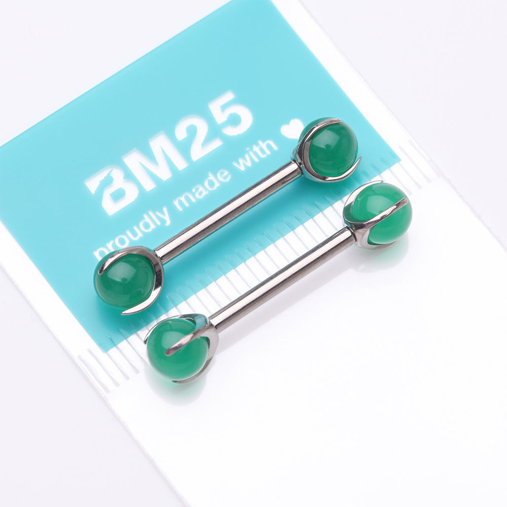 Detail View 4 of A Pair of Implant Grade Titanium Green Jade Stone Ball Claw Prong Internally Threaded Nipple Barbell