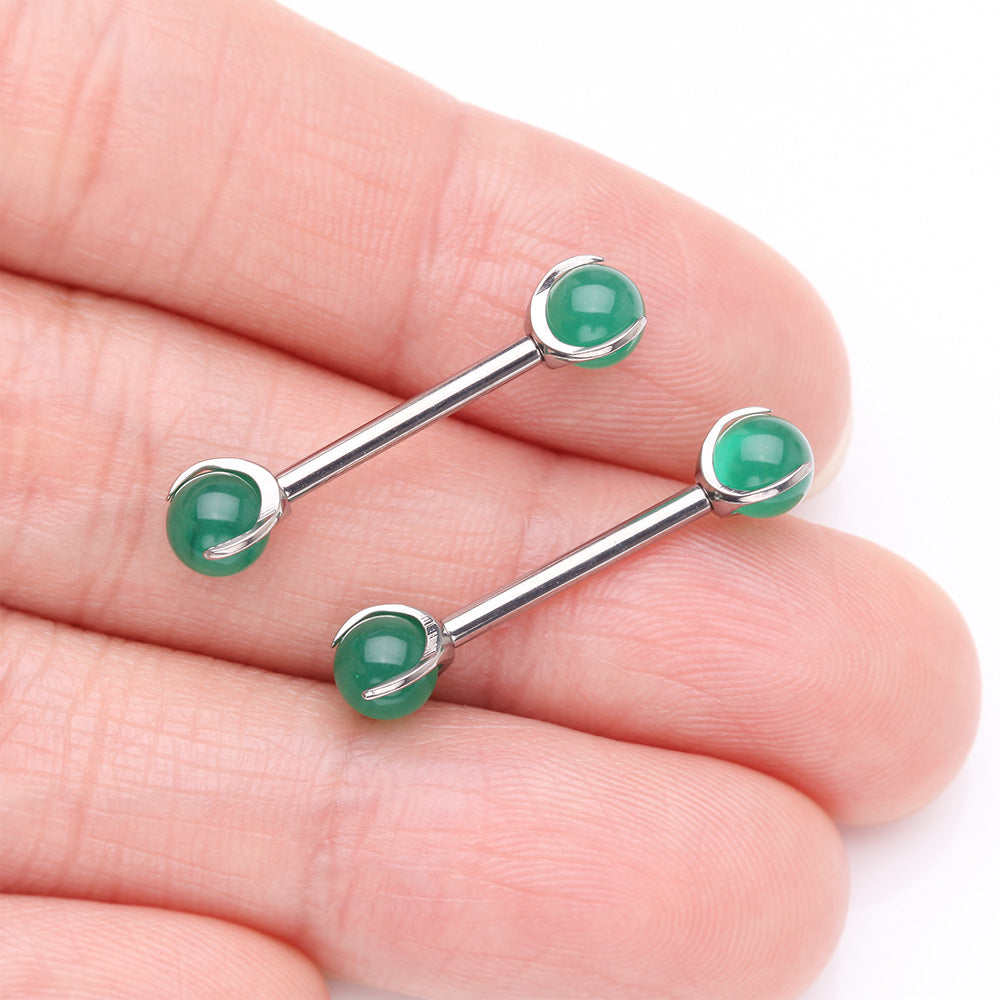 Detail View 2 of A Pair of Implant Grade Titanium Green Jade Stone Ball Claw Prong Internally Threaded Nipple Barbell