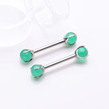 Detail View 1 of A Pair of Implant Grade Titanium Green Jade Stone Ball Claw Prong Internally Threaded Nipple Barbell