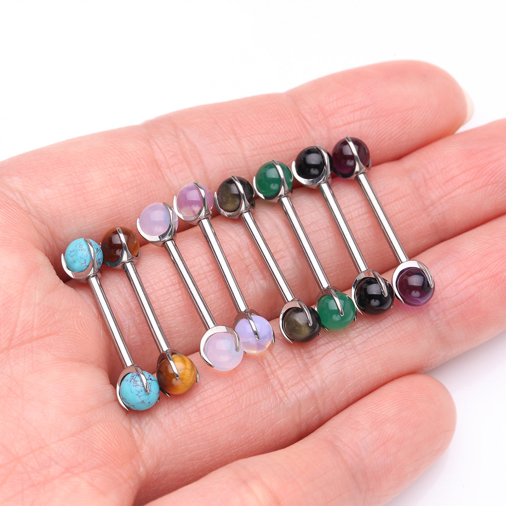 Detail View 3 of A Pair of Implant Grade Titanium Green Jade Stone Ball Claw Prong Internally Threaded Nipple Barbell