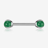 A Pair of Implant Grade Titanium Green Jade Stone Ball Claw Prong Internally Threaded Nipple Barbell