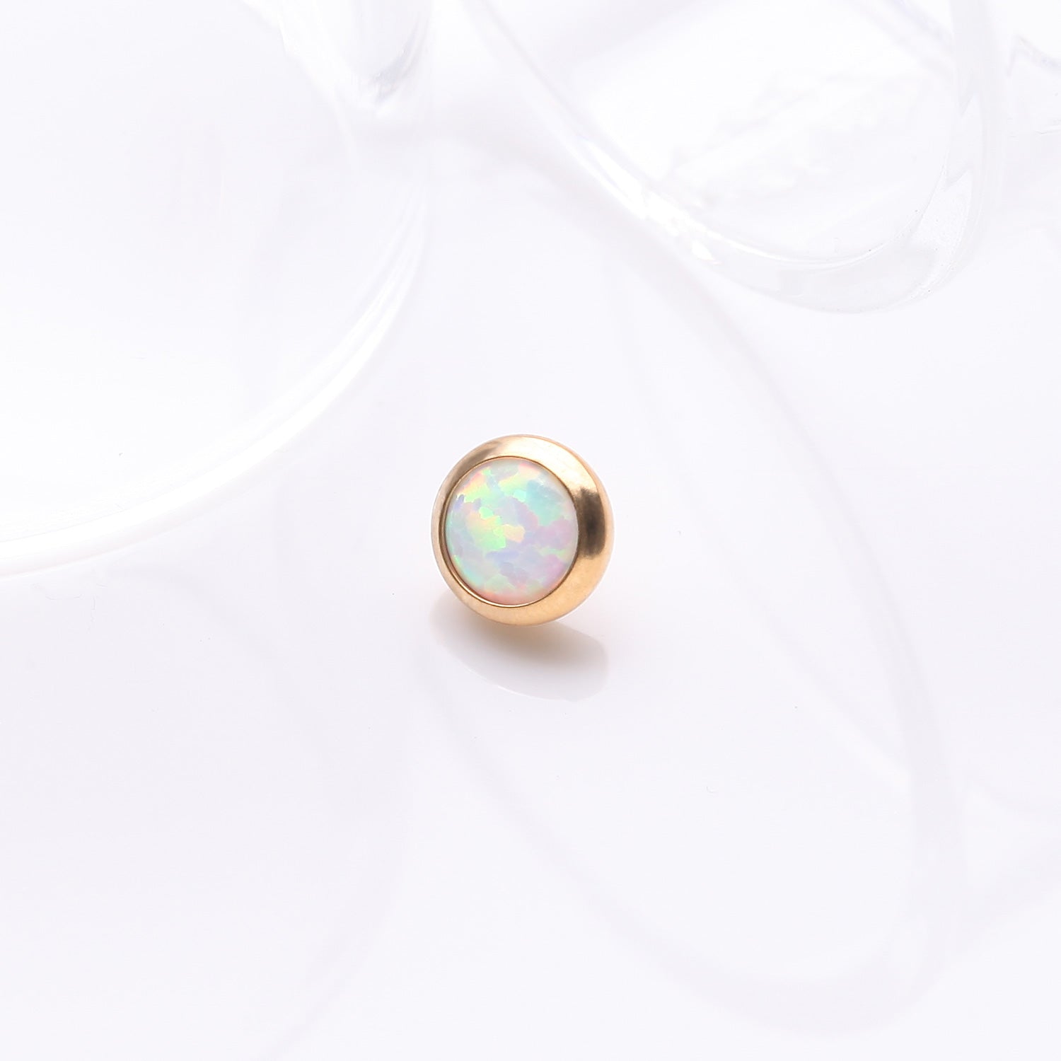 Detail View 1 of Implant Grade Titanium Golden Internally Threaded Bezel Set Round Fire Opal Part-White Opal