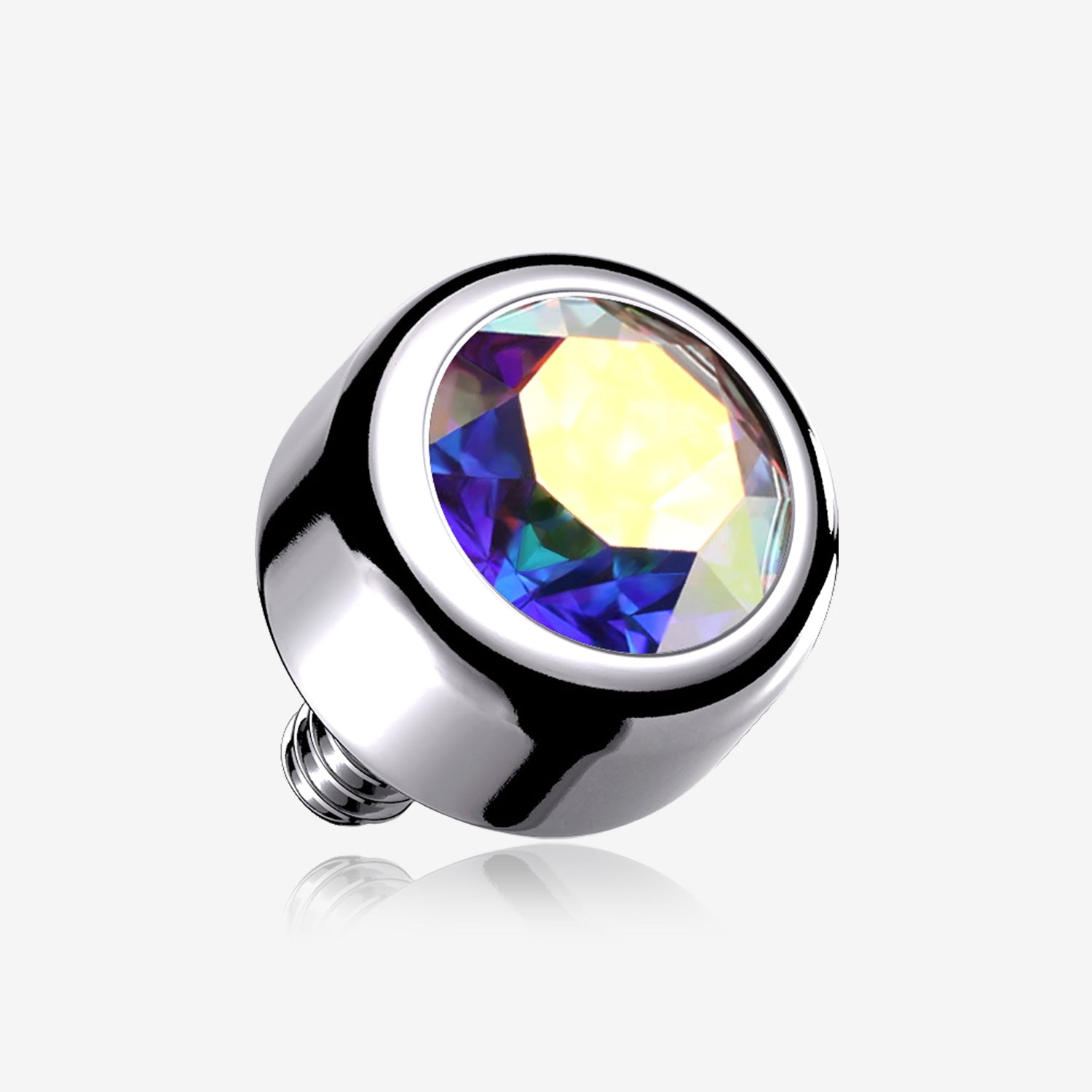 Implant Grade Titanium Internally Threaded Bezel Set Round Swarovski Crystal Part-Aurora Borealis