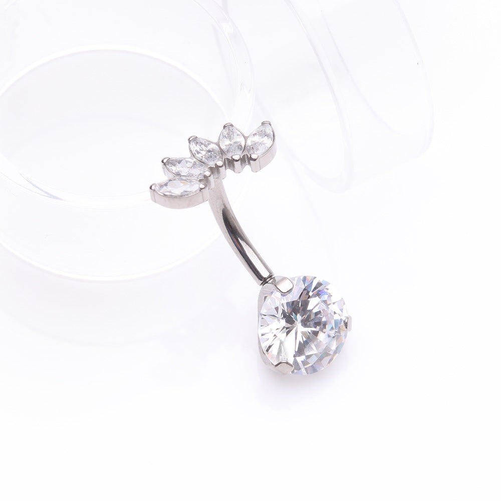 Detail View 2 of Implant Grade Titanium OneFit Threadless Marquise Curve Top Belly Button Ring-Clear Gem