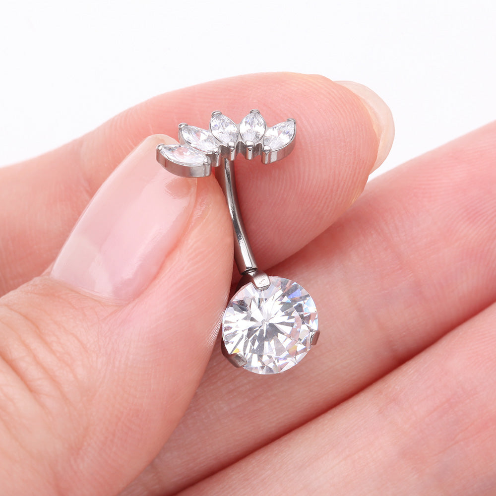 Detail View 3 of Implant Grade Titanium OneFit Threadless Marquise Curve Top Belly Button Ring-Clear Gem