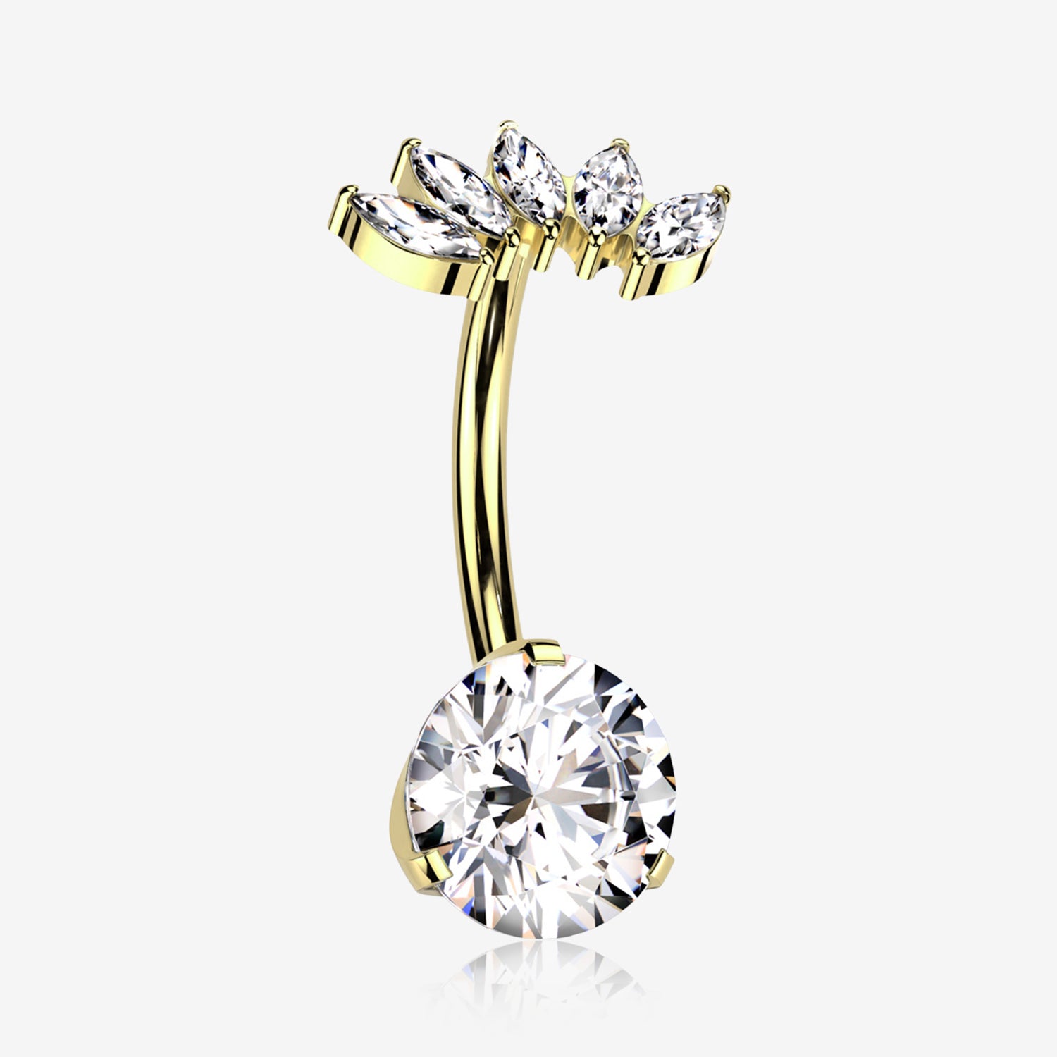 Implant Grade Titanium Gold PVD OneFit Threadless Marquise Curve Top Belly Button Ring-Clear Gem