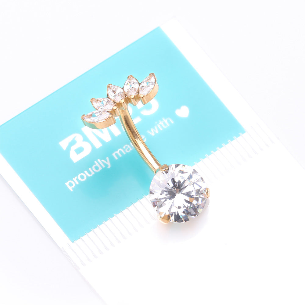Detail View 4 of Implant Grade Titanium Gold PVD OneFit Threadless Marquise Curve Top Belly Button Ring-Clear Gem