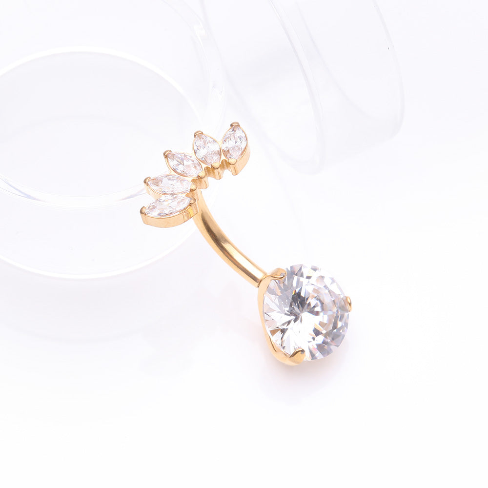 Detail View 2 of Implant Grade Titanium Gold PVD OneFit Threadless Marquise Curve Top Belly Button Ring-Clear Gem