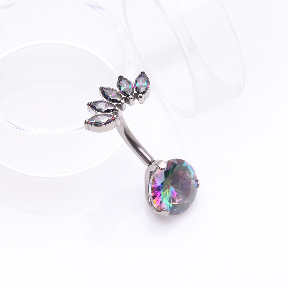 Detail View 2 of Implant Grade Titanium OneFit Threadless Marquise Curve Top Belly Button Ring-Vitrail Medium