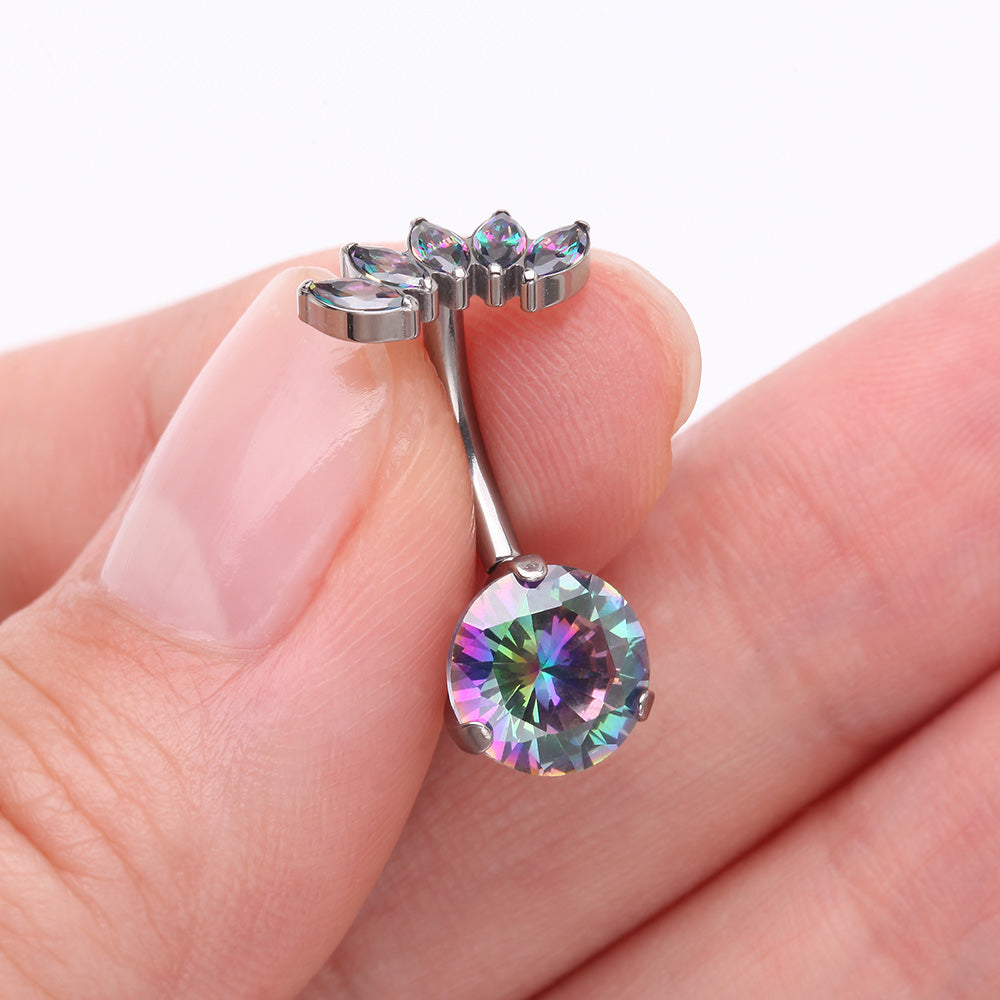Detail View 3 of Implant Grade Titanium OneFit Threadless Marquise Curve Top Belly Button Ring-Vitrail Medium