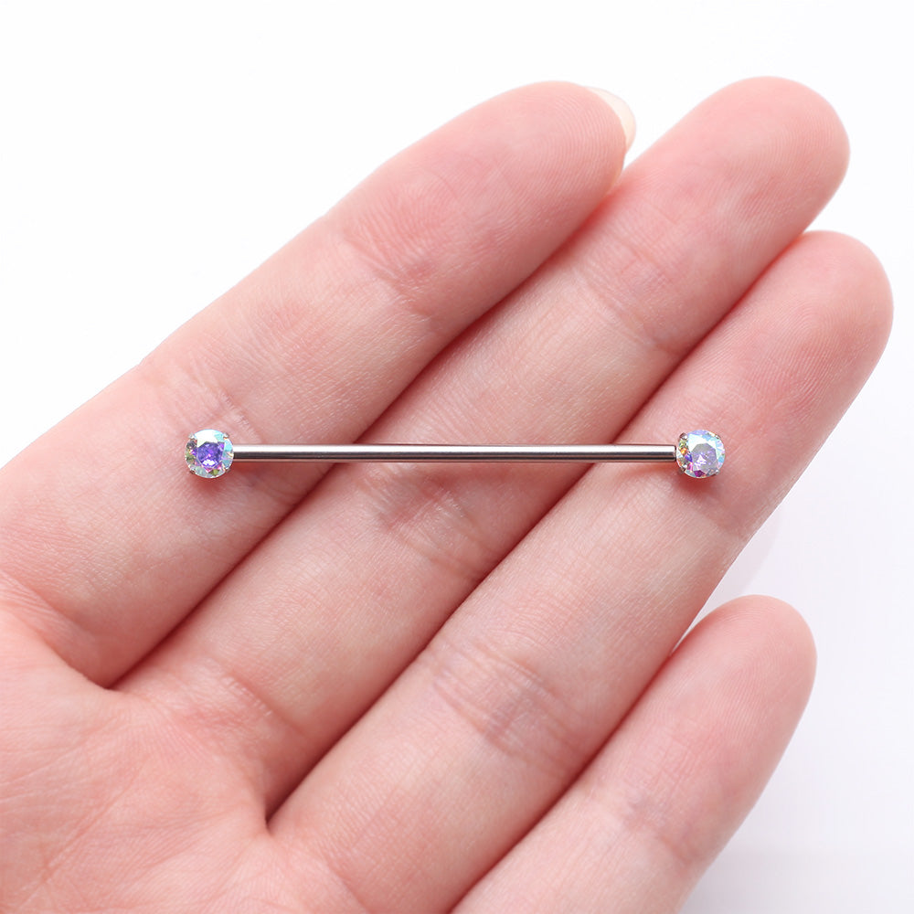 Detail View 2 of Implant Grade Titanium OneFit Threadless Prong Gem Sparkle Industrial Barbell-Aurora Borealis