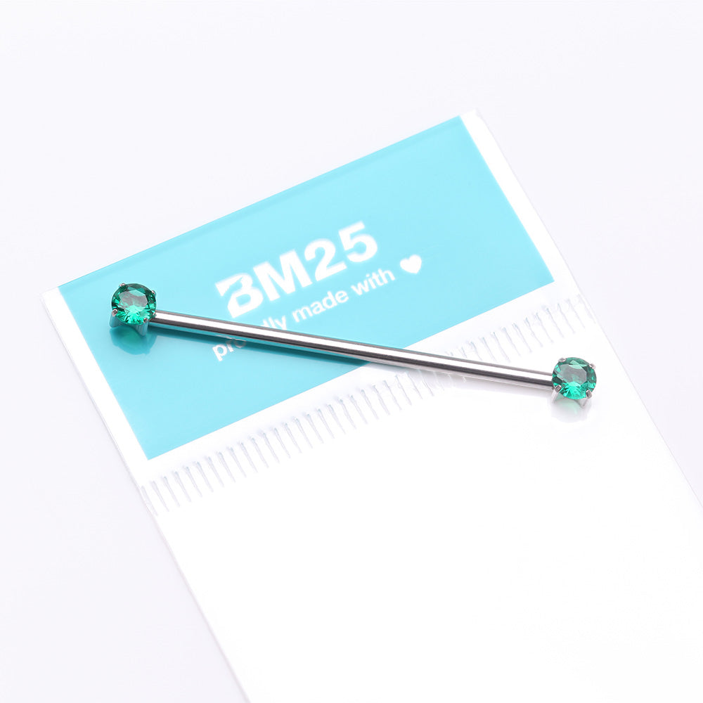 Detail View 3 of Implant Grade Titanium OneFit Threadless Prong Gem Sparkle Industrial Barbell-Emerald