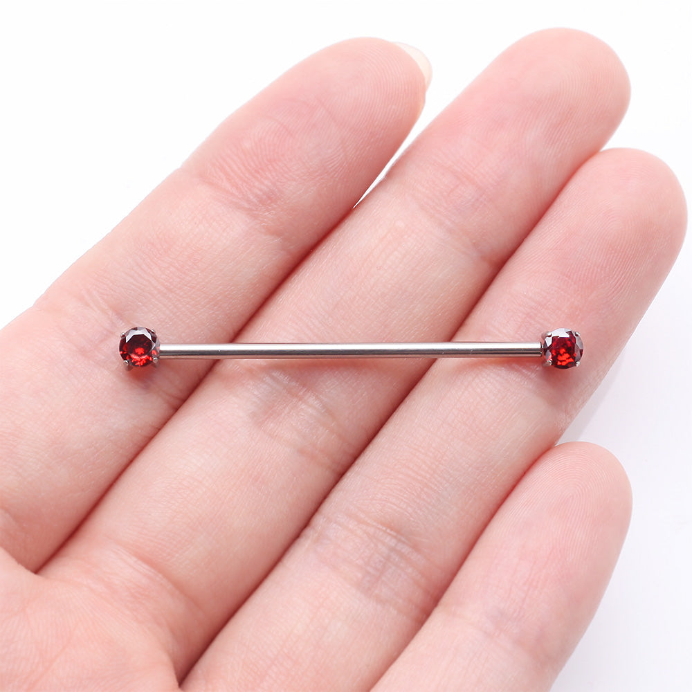 Detail View 2 of Implant Grade Titanium OneFit Threadless Prong Gem Sparkle Industrial Barbell-Red