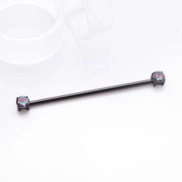 Detail View 1 of Implant Grade Titanium Blackline OneFit Threadless Prong Gem Sparkle Industrial Barbell-Vitrail Medium