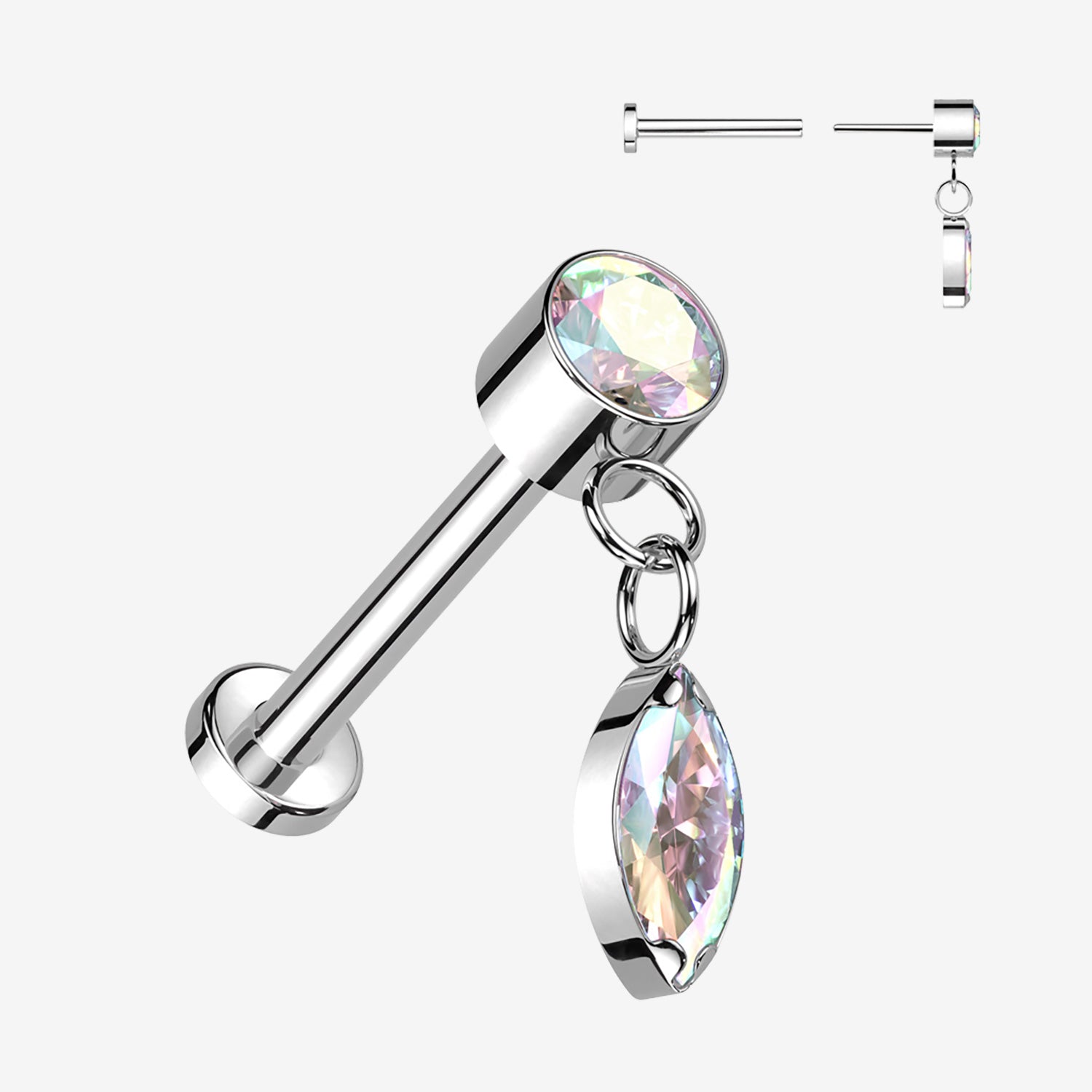 Implant Grade Titanium OneFit Threadless Sparkle Marquise Dangle Top Flat Back Labret-Aurora Borealis