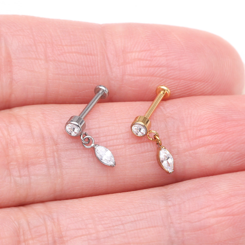 Detail View 3 of Implant Grade Titanium OneFit Threadless Golden Sparkle Gem Marquise Dangle Flat Back Labret-Clear Gem