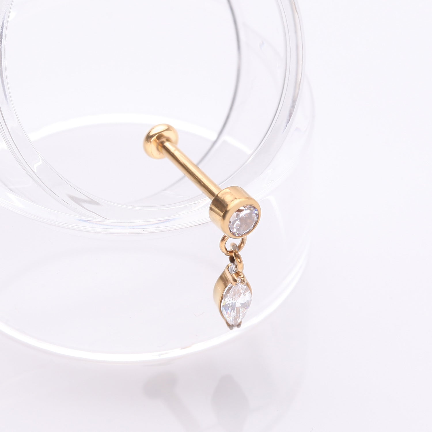 Detail View 1 of Implant Grade Titanium OneFit Threadless Golden Sparkle Gem Marquise Dangle Flat Back Labret-Clear Gem