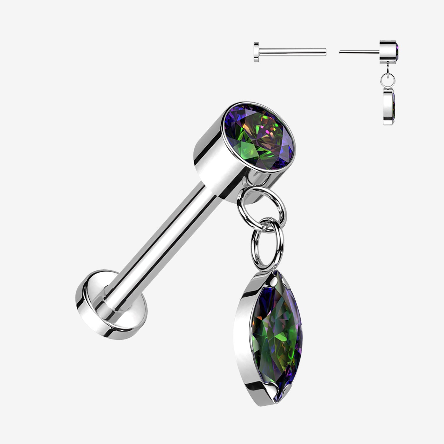 Implant Grade Titanium OneFit Threadless Sparkle Marquise Dangle Top Flat Back Labret-Vitrail Medium