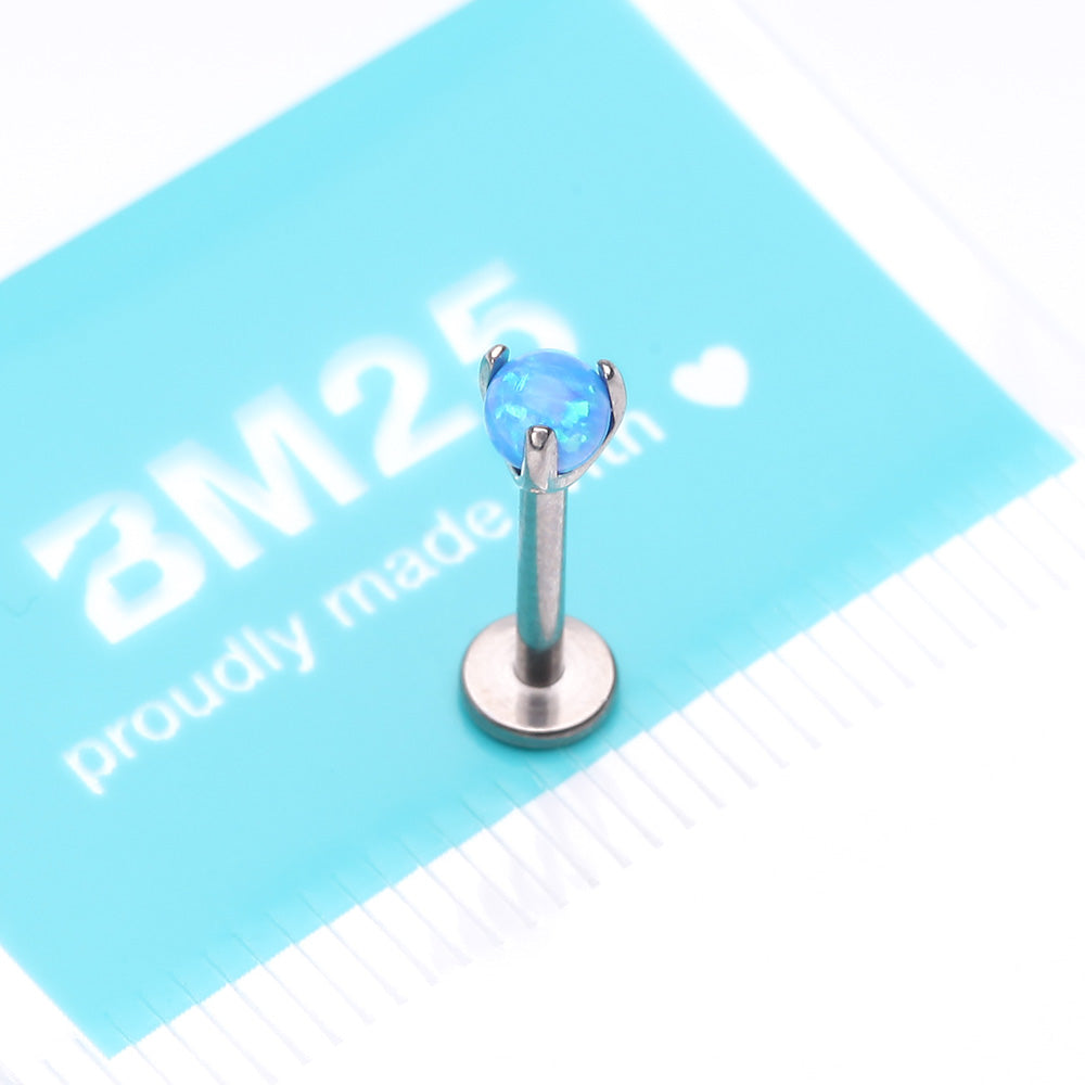 Detail View 3 of Implant Grade Titanium OneFit Threadless Fire Opal Ball Claw Prong Set Flat Back Stud Labret-Blue Opal
