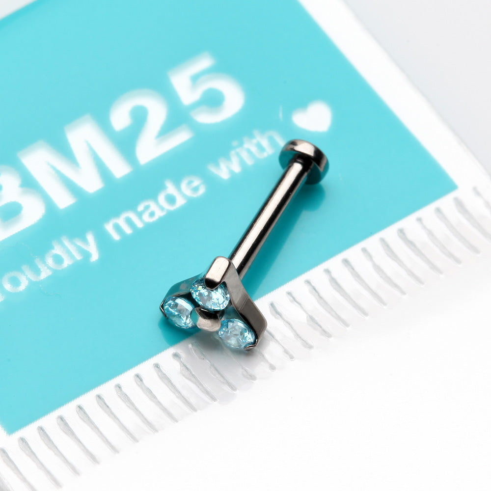 Detail View 3 of Implant Grade Titanium OneFit Threadless Trinity Gem Sparkle Top Flat Back Stud Labret-Aqua