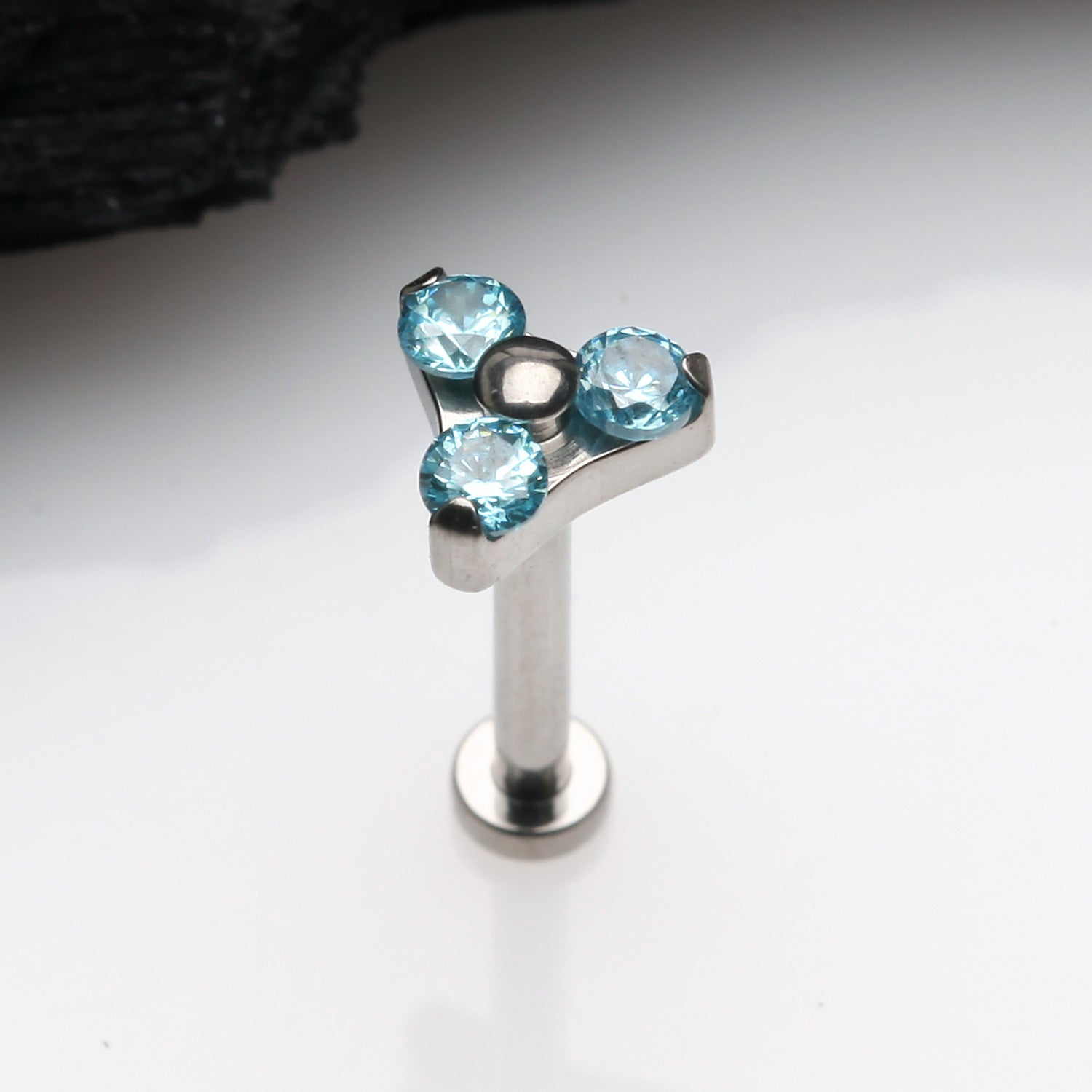 Detail View 1 of Implant Grade Titanium OneFit Threadless Trinity Gem Sparkle Top Flat Back Stud Labret-Aqua