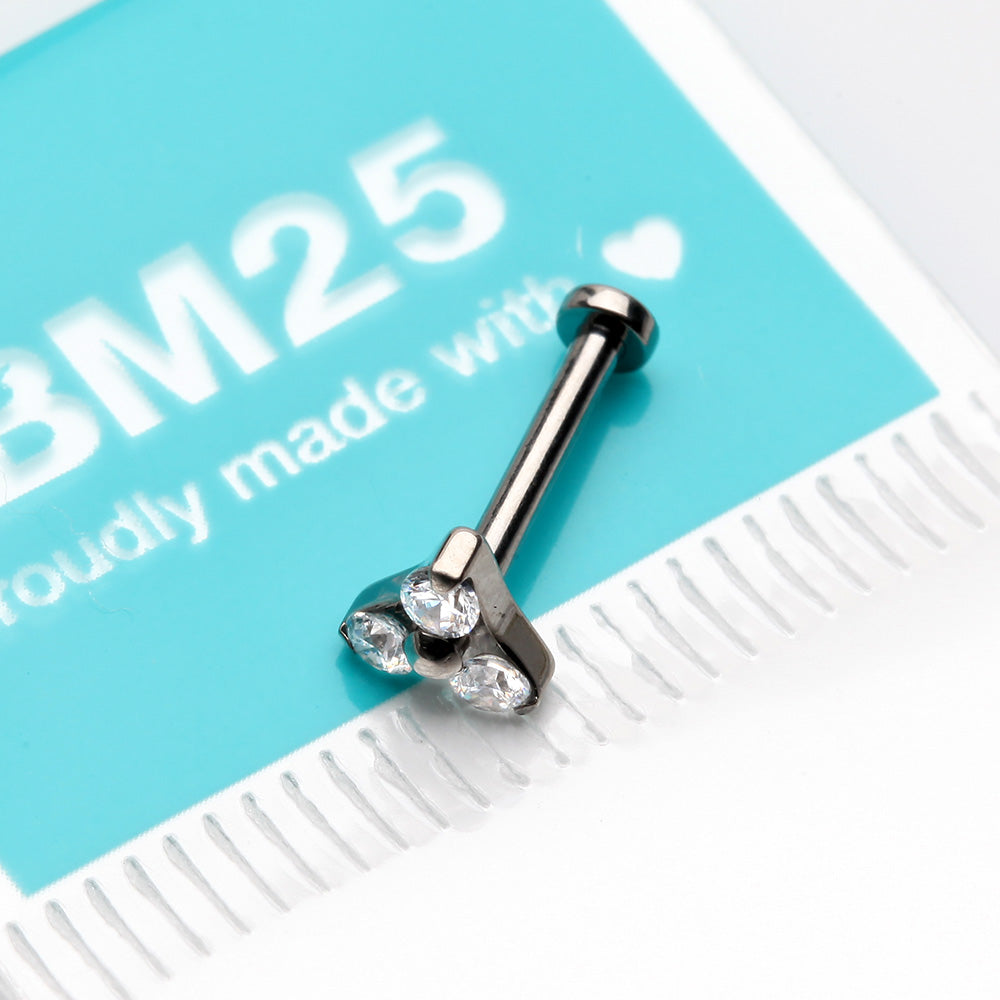 Detail View 3 of Implant Grade Titanium OneFit Threadless Trinity Gem Sparkle Top Flat Back Stud Labret-Clear Gem