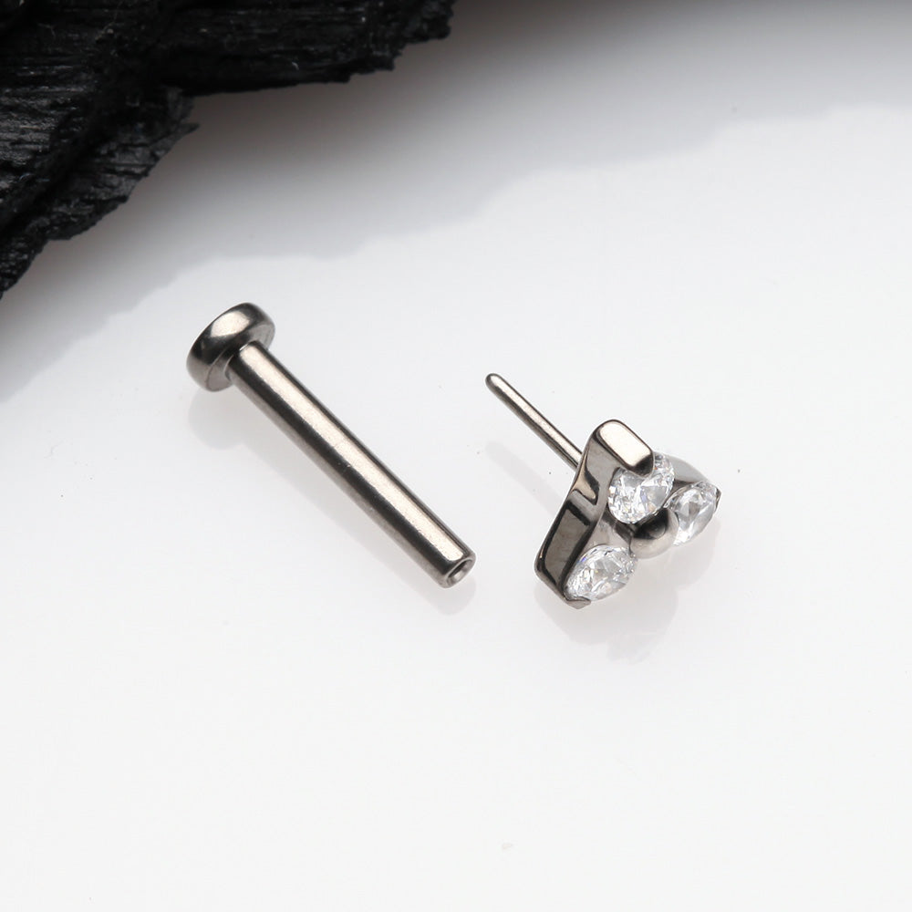 Detail View 2 of Implant Grade Titanium OneFit Threadless Trinity Gem Sparkle Top Flat Back Stud Labret-Clear Gem