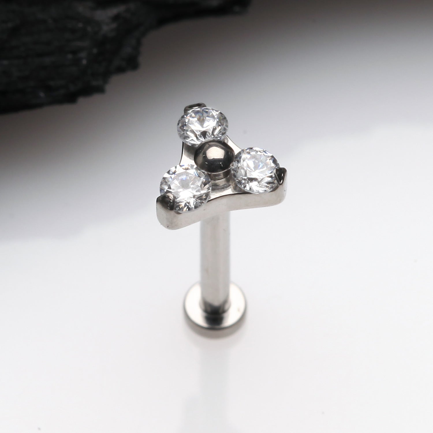 Detail View 1 of Implant Grade Titanium OneFit Threadless Trinity Gem Sparkle Top Flat Back Stud Labret-Clear Gem