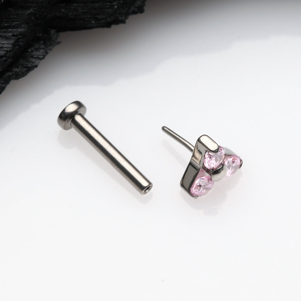Detail View 2 of Implant Grade Titanium OneFit Threadless Trinity Gem Sparkle Top Flat Back Stud Labret-Pink