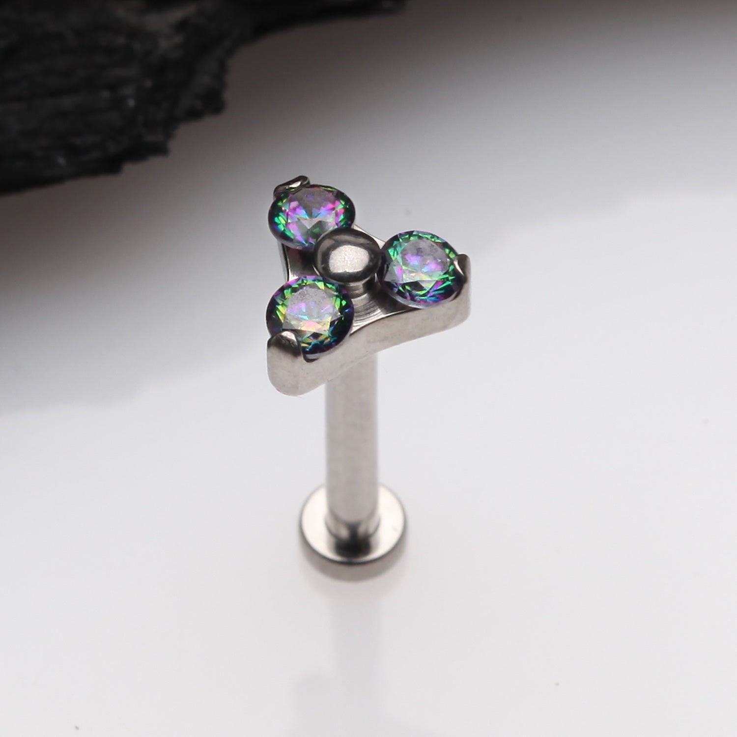 Detail View 1 of Implant Grade Titanium OneFit Threadless Trinity Gem Sparkle Top Flat Back Stud Labret-Vitrail Medium