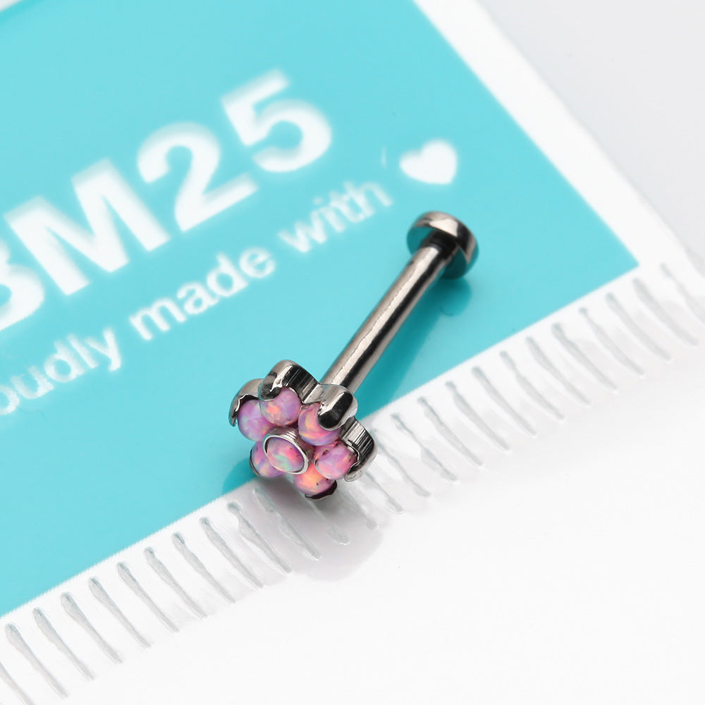 Detail View 3 of Implant Grade Titanium OneFit Threadless Brilliant Fire Opal Flower Top Flat Back Stud Labret-Pink Opal
