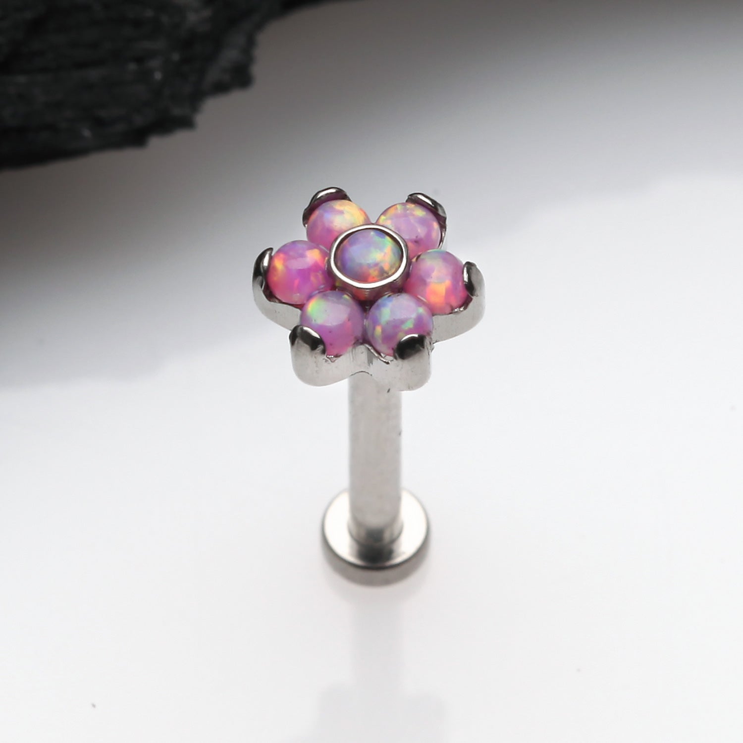Detail View 1 of Implant Grade Titanium OneFit Threadless Brilliant Fire Opal Flower Top Flat Back Stud Labret-Pink Opal