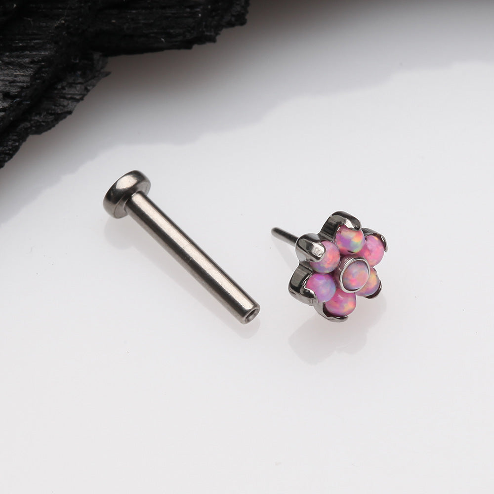Detail View 2 of Implant Grade Titanium OneFit Threadless Brilliant Fire Opal Flower Top Flat Back Stud Labret-Pink Opal