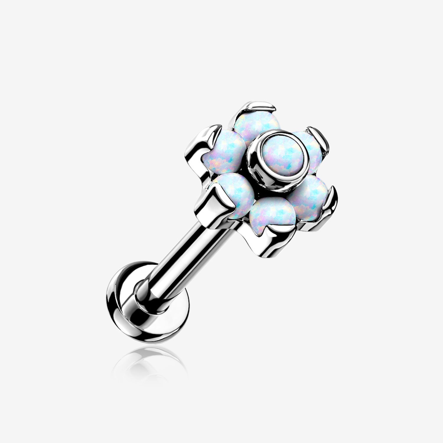 Implant Grade Titanium OneFit Threadless Brilliant Fire Opal Flower Top Flat Back Stud Labret-White Opal