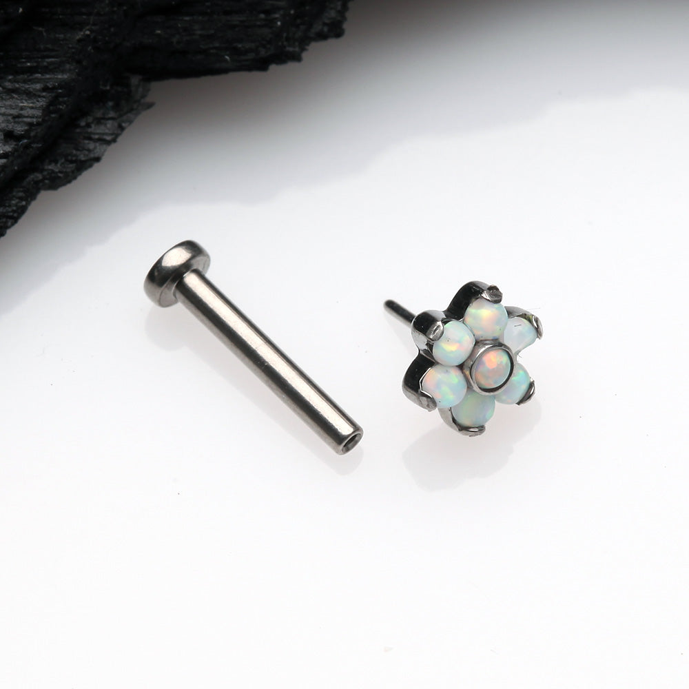 Detail View 2 of Implant Grade Titanium OneFit Threadless Brilliant Fire Opal Flower Top Flat Back Stud Labret-White Opal