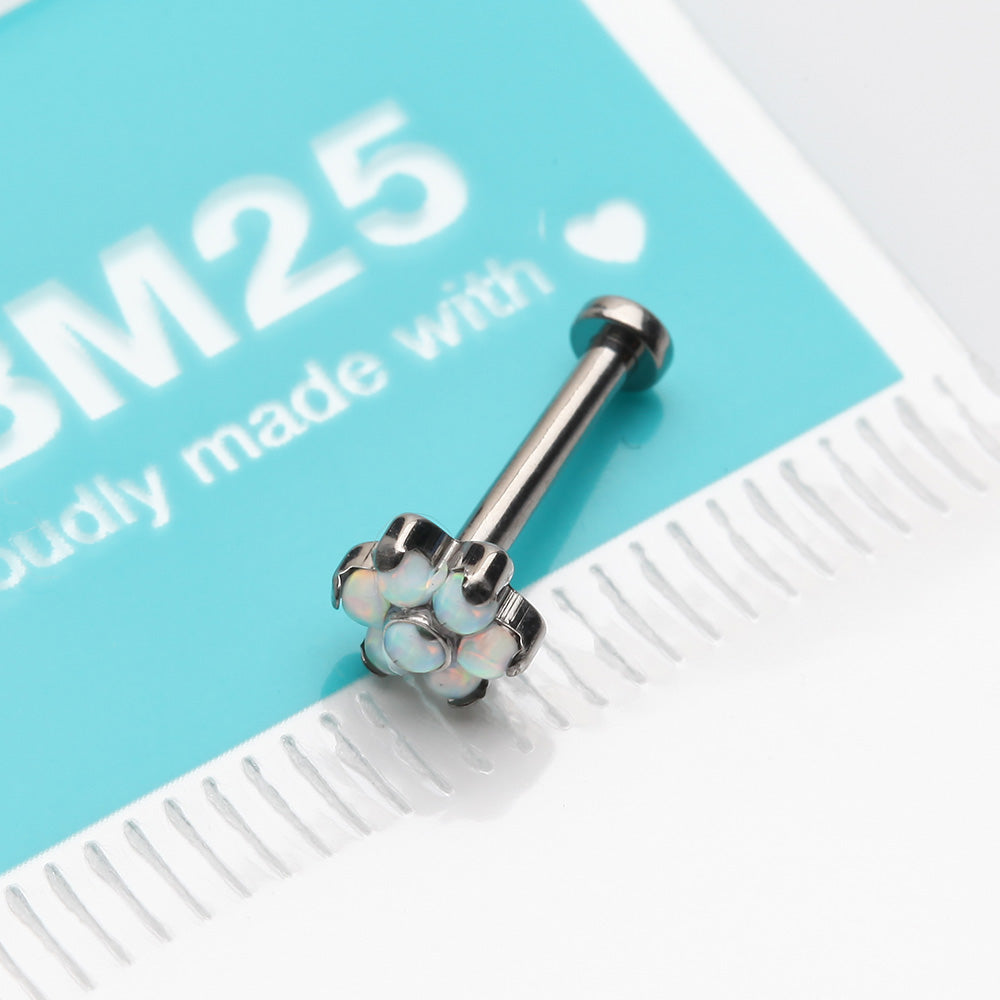 Detail View 3 of Implant Grade Titanium OneFit Threadless Brilliant Fire Opal Flower Top Flat Back Stud Labret-White Opal