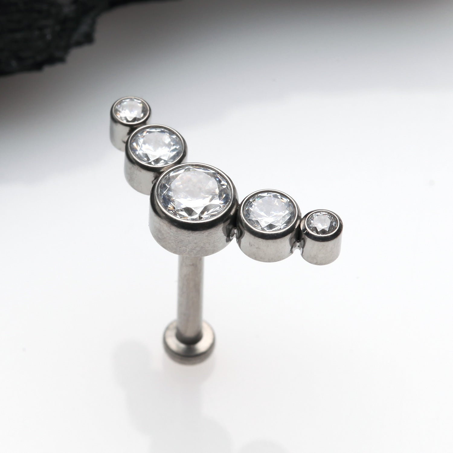 Detail View 1 of Implant Grade Titanium OneFit Threadless Journey Sparkle Curve Top Flat Back Stud Labret-Clear Gem