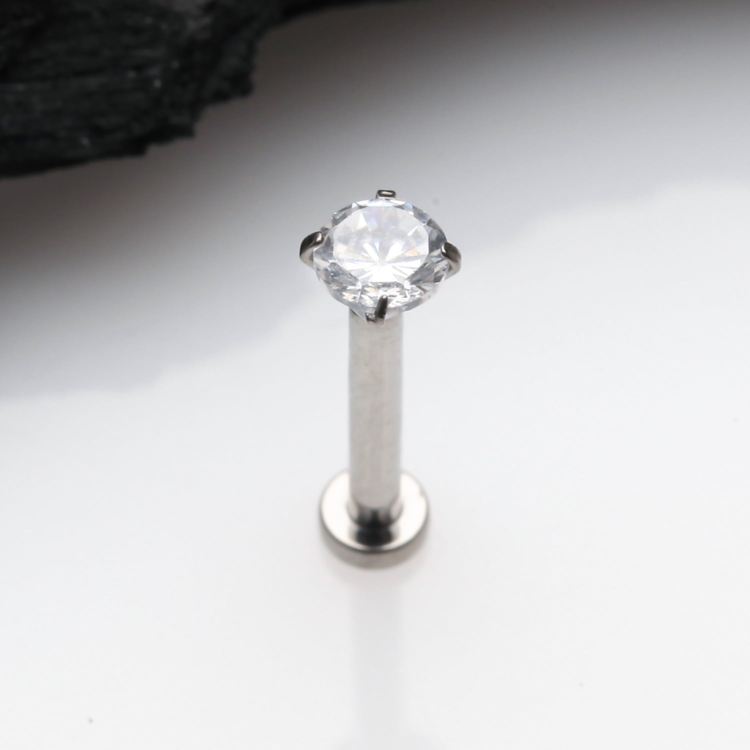 Detail View 1 of Implant Grade Titanium OneFit Threadless Gem Prong Set Top Flat Back Stud Labret-Clear Gem