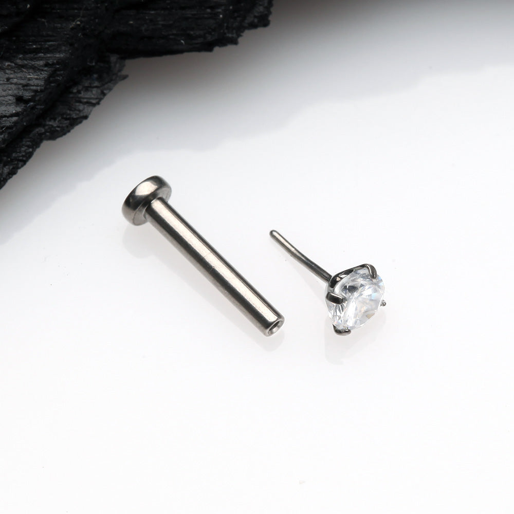 Detail View 2 of Implant Grade Titanium OneFit Threadless Gem Prong Set Top Flat Back Stud Labret-Clear Gem