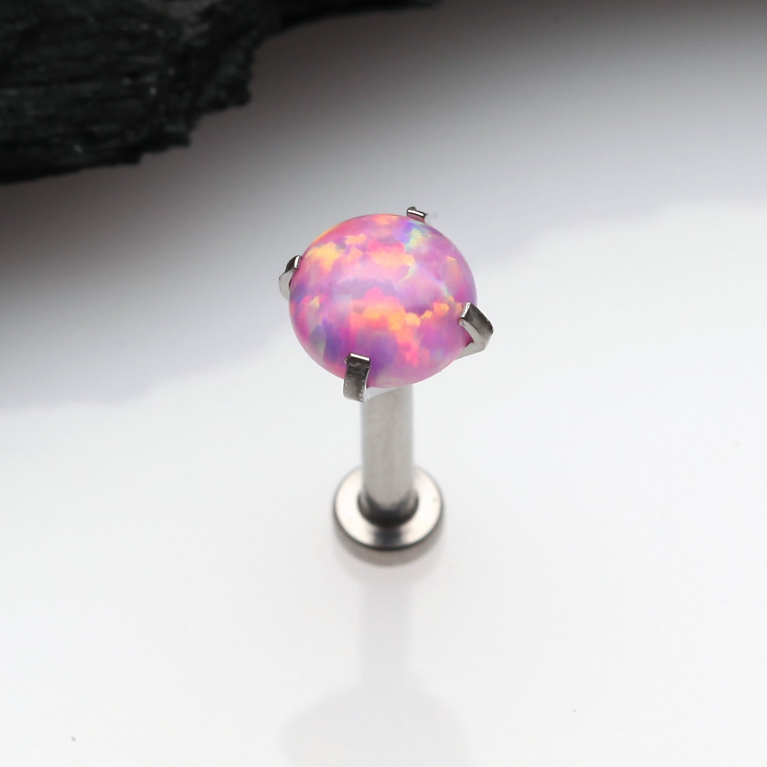 Detail View 1 of Implant Grade Titanium OneFit Threadless Fire Opal Prong Set Top Flat Back Stud Labret-Pink Opal