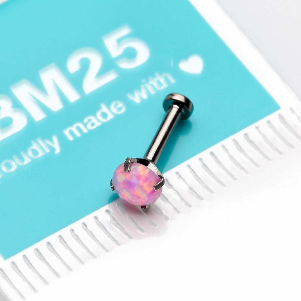 Detail View 3 of Implant Grade Titanium OneFit Threadless Fire Opal Prong Set Top Flat Back Stud Labret-Pink Opal