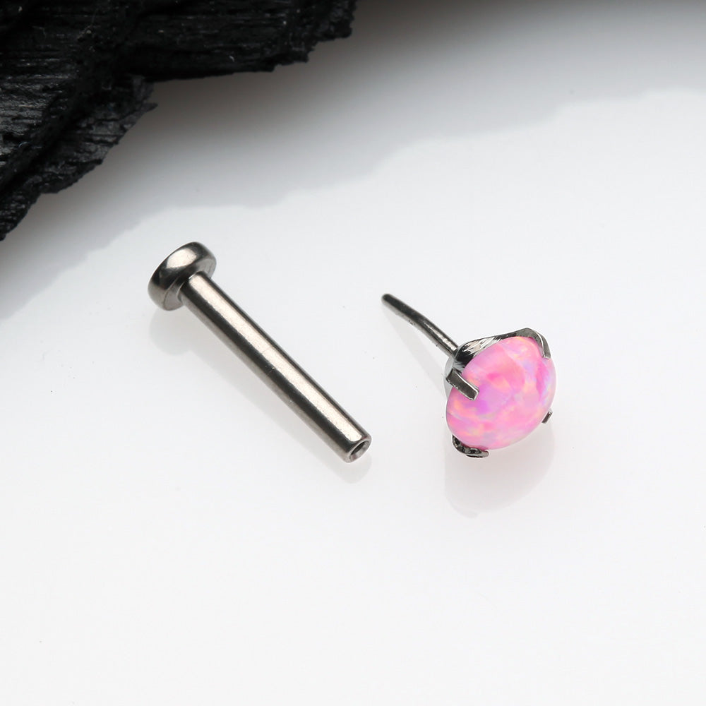 Detail View 2 of Implant Grade Titanium OneFit Threadless Fire Opal Prong Set Top Flat Back Stud Labret-Pink Opal