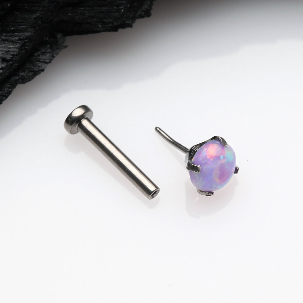 Detail View 2 of Implant Grade Titanium OneFit Threadless Fire Opal Prong Set Top Flat Back Stud Labret-Purple Opal